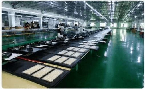 Solar lighting components arranged on the factory production line