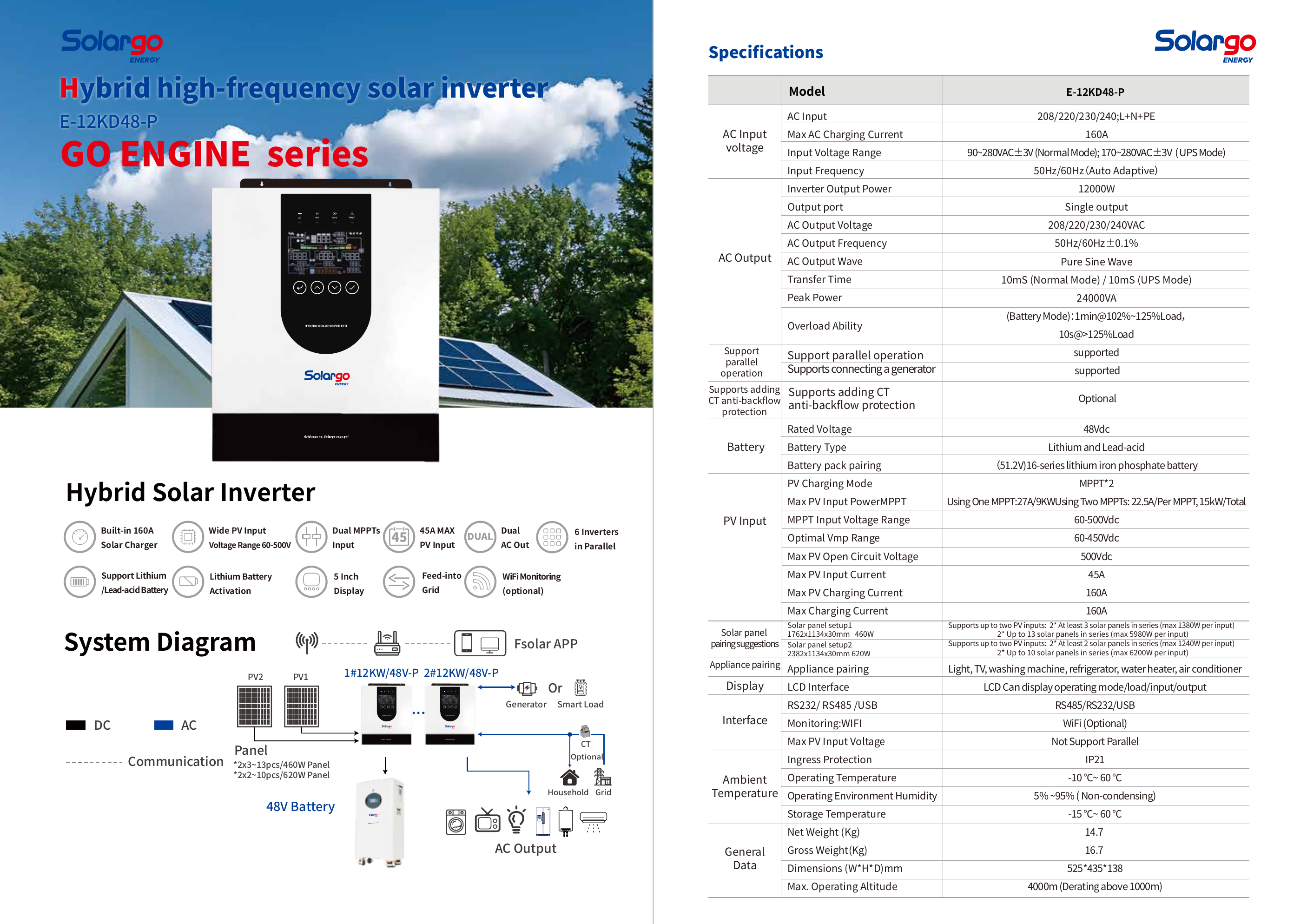 E-12KD48-P Hybrid Solar Inverter full specification sheet