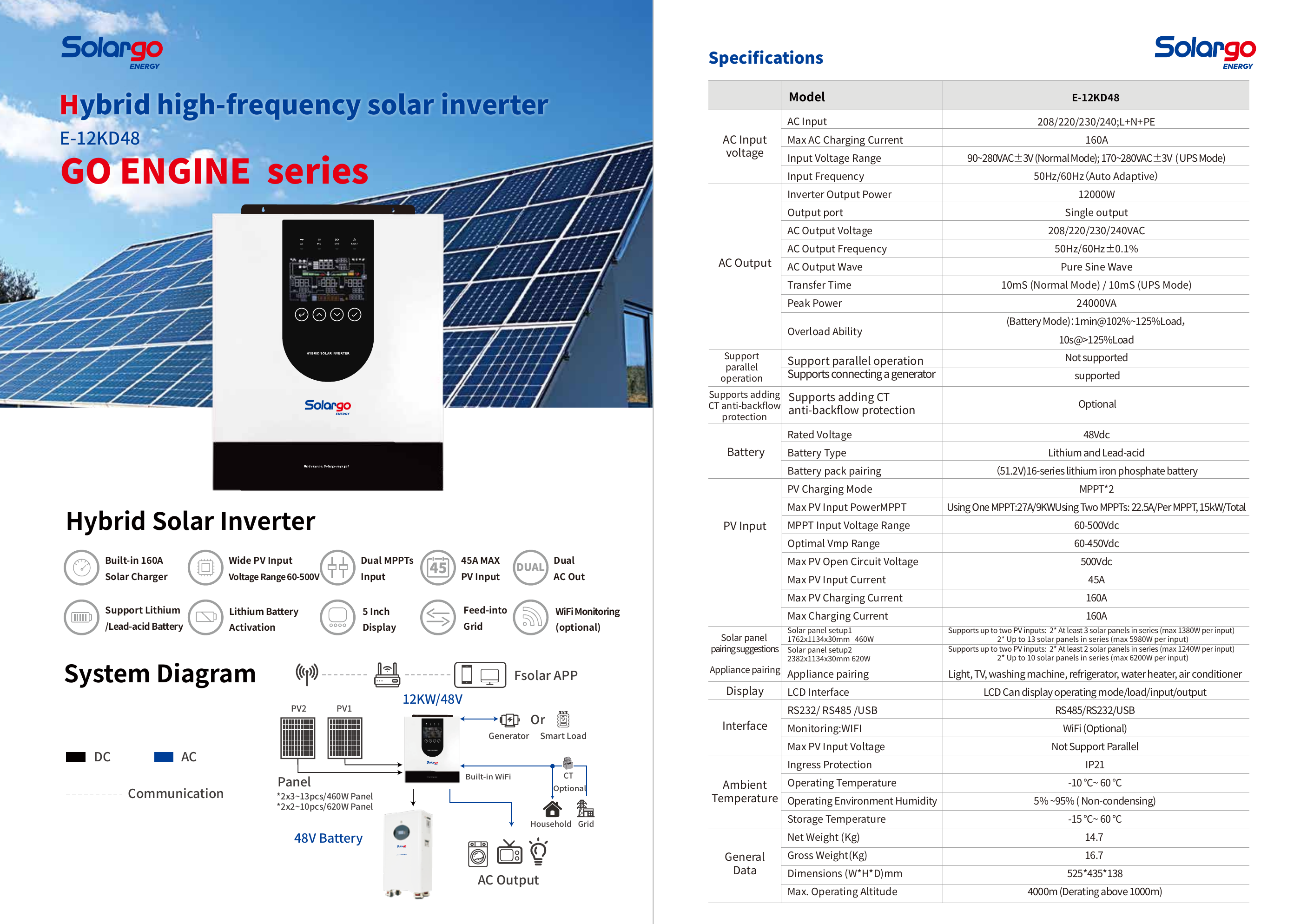 E-12KD48 Hybrid Solar Inverter full specification sheet