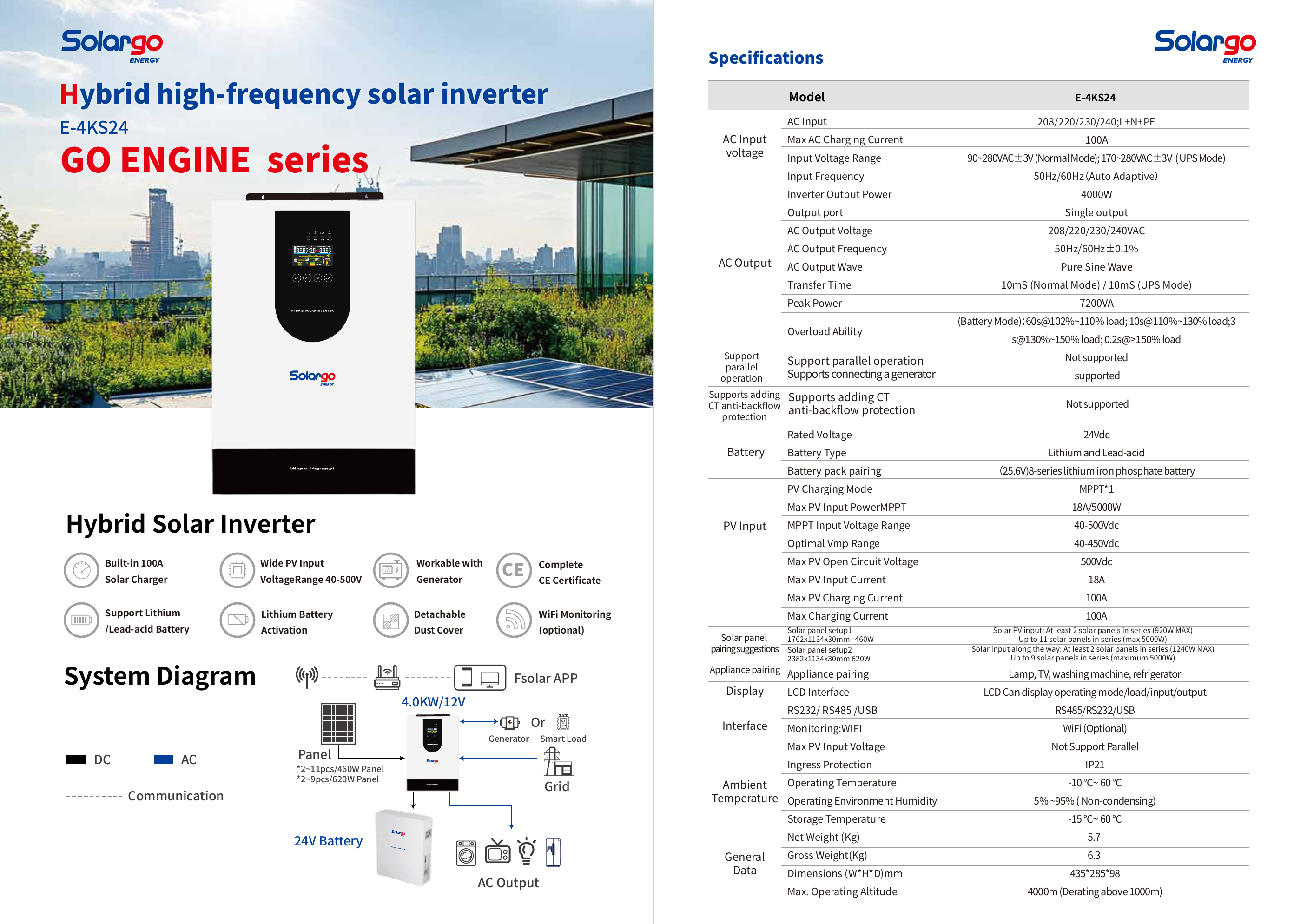 E-4KS24 Hybrid Solar Inverter full specification sheet