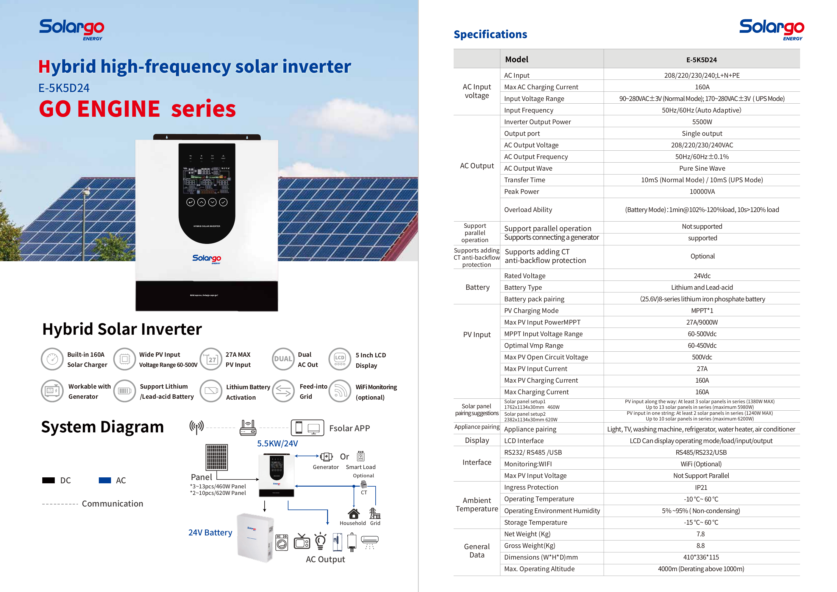 E-5K5D24 Hybrid Solar Inverter full specification sheet