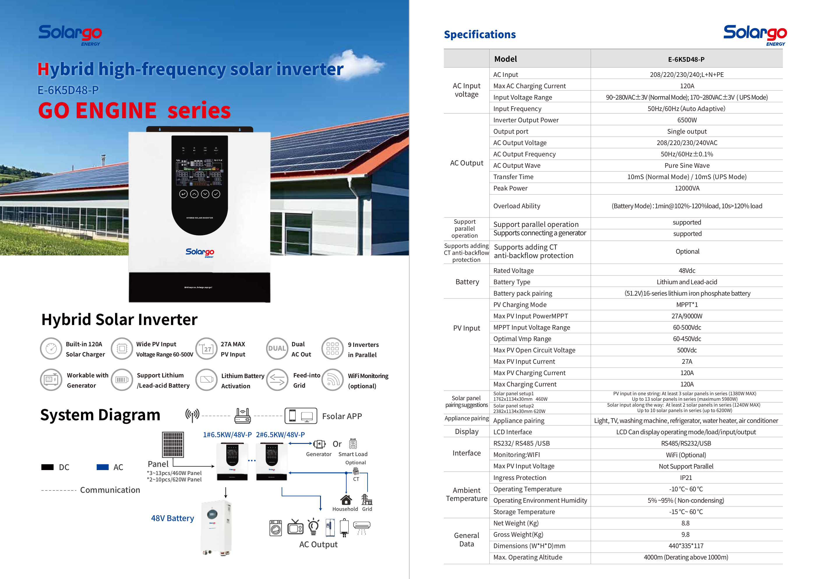 E-6K5D48-P Hybrid Solar Inverter full specification sheet