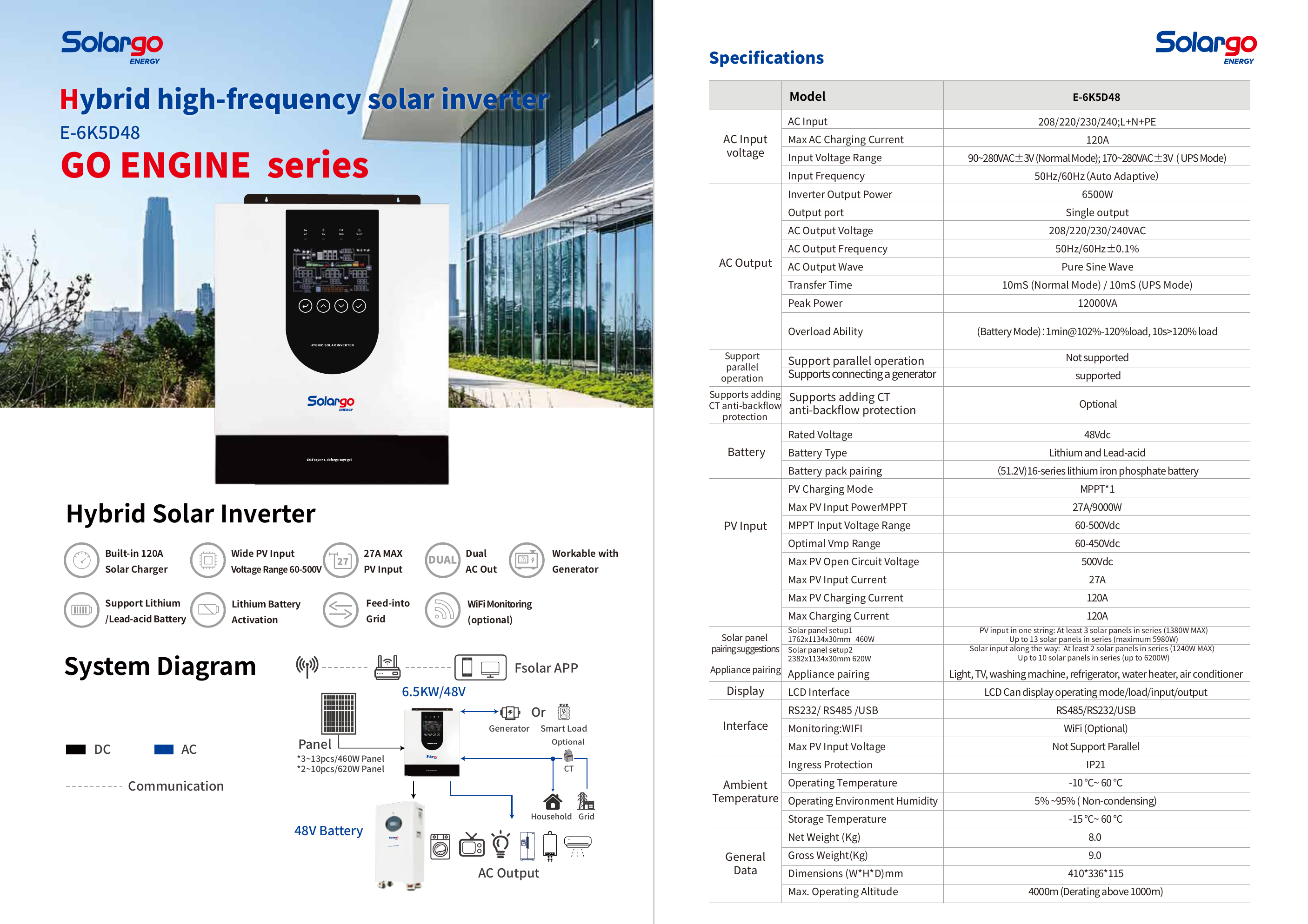 E-6K5D48 Hybrid Solar Inverter full specification sheet