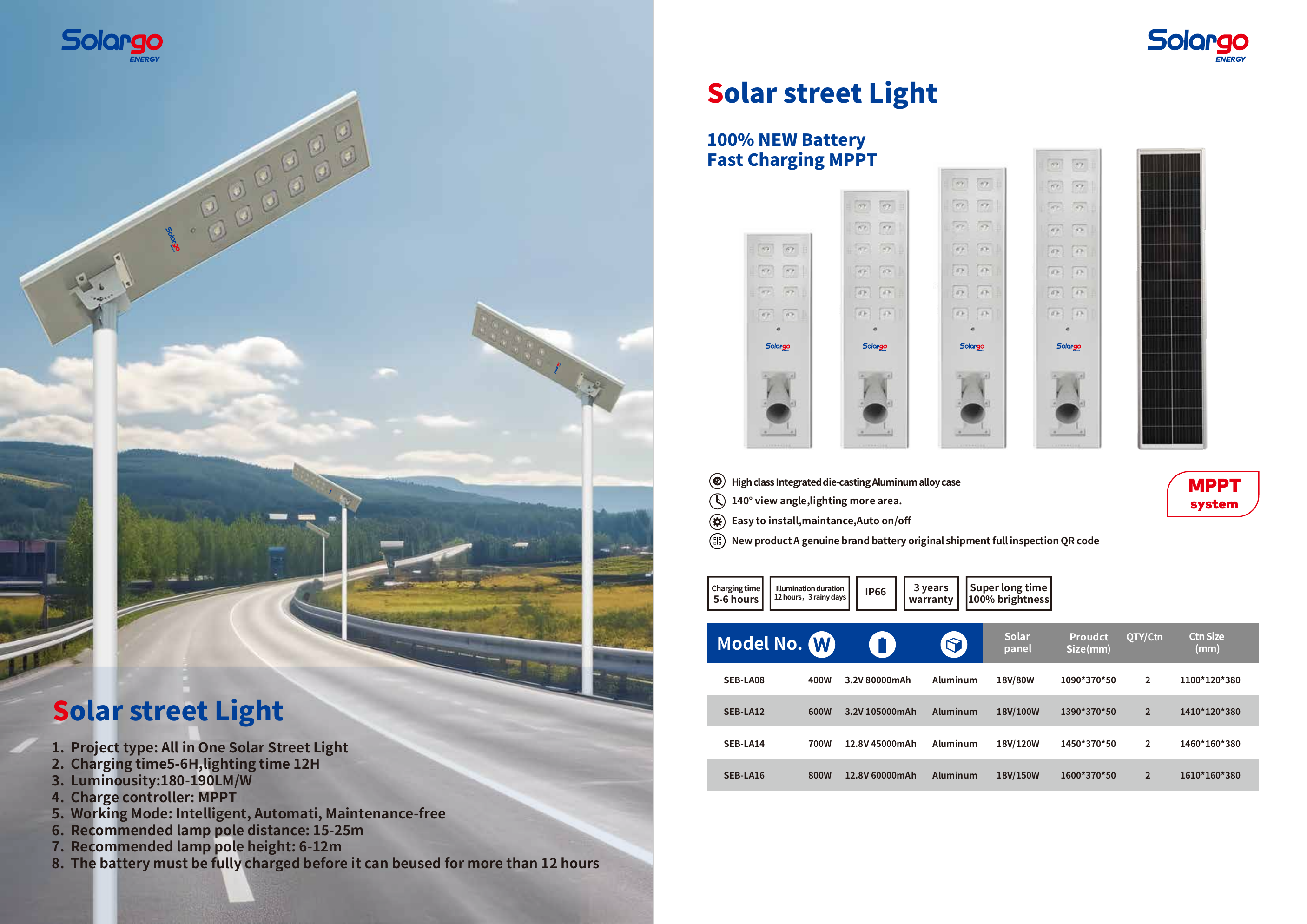 SEB-LA Series All-in-One Solar Street Light full specification sheet